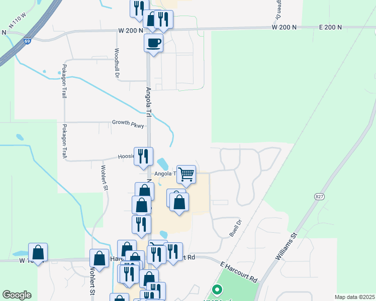 map of restaurants, bars, coffee shops, grocery stores, and more near 509 Northcrest Drive in Angola