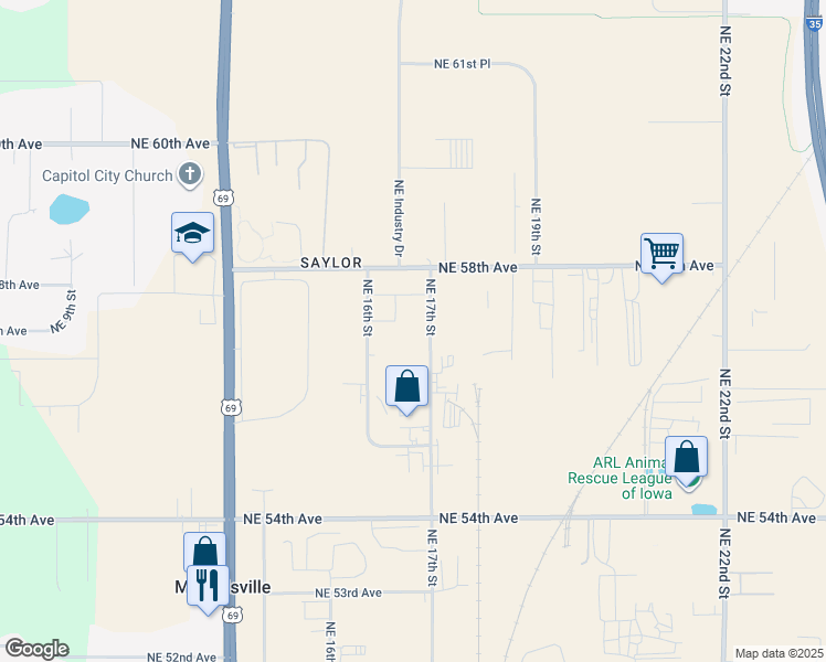 map of restaurants, bars, coffee shops, grocery stores, and more near 5685 Northeast 16th Street in Des Moines