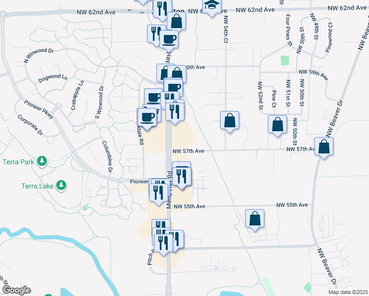 map of restaurants, bars, coffee shops, grocery stores, and more near 5685 Northwest 57th Avenue in Johnston