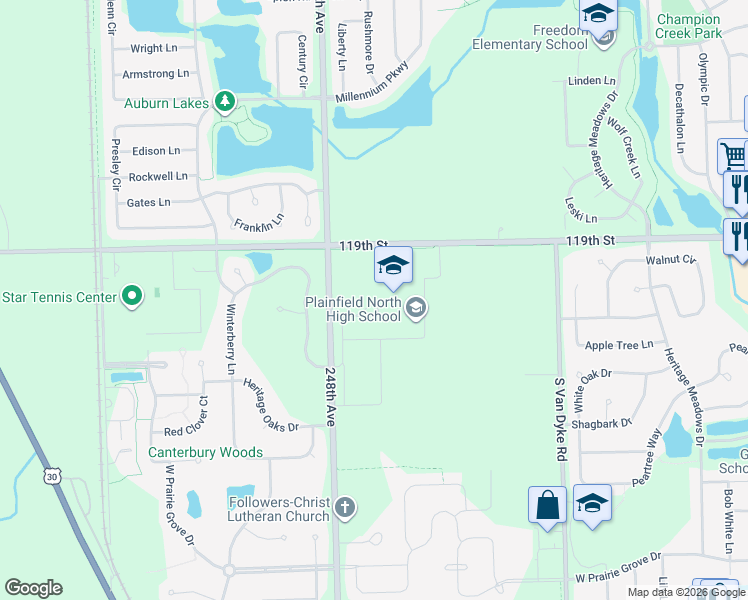 map of restaurants, bars, coffee shops, grocery stores, and more near 12005 South 248th Street in Plainfield