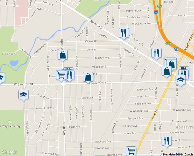 map of restaurants, bars, coffee shops, grocery stores, and more near 2220 Rosedale Avenue in Toledo