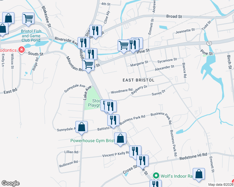 map of restaurants, bars, coffee shops, grocery stores, and more near 32 Woodmere Road in Bristol