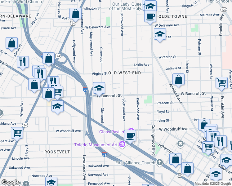map of restaurants, bars, coffee shops, grocery stores, and more near 2210 Robinwood Avenue in Toledo