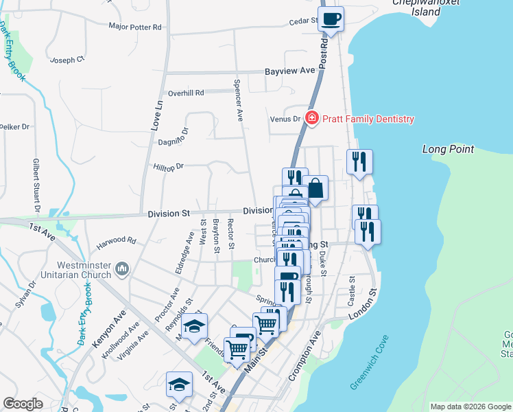 map of restaurants, bars, coffee shops, grocery stores, and more near 330 Spencer Avenue in East Greenwich