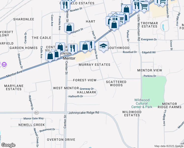 map of restaurants, bars, coffee shops, grocery stores, and more near 7586 Ruth Street in Mentor