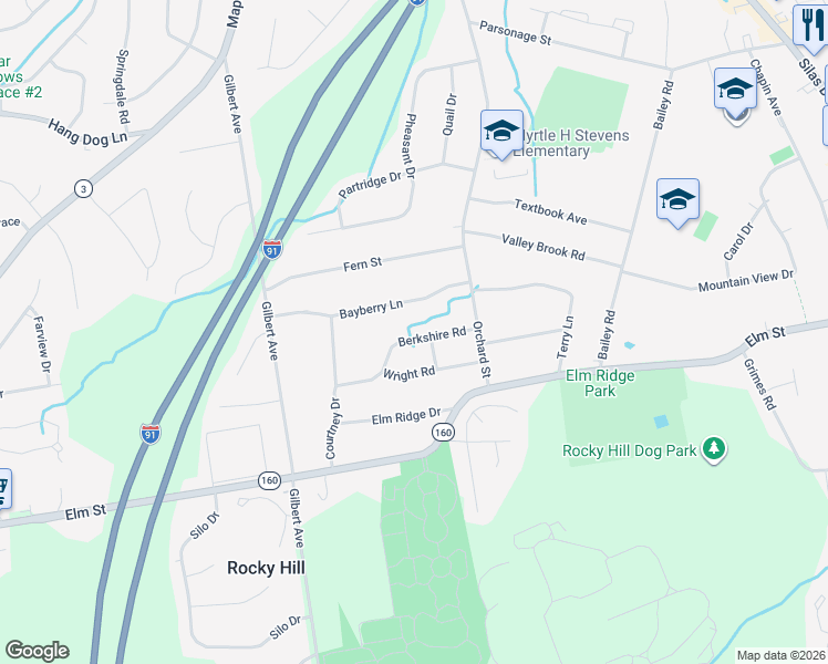 map of restaurants, bars, coffee shops, grocery stores, and more near 61 Berkshire Road in Rocky Hill