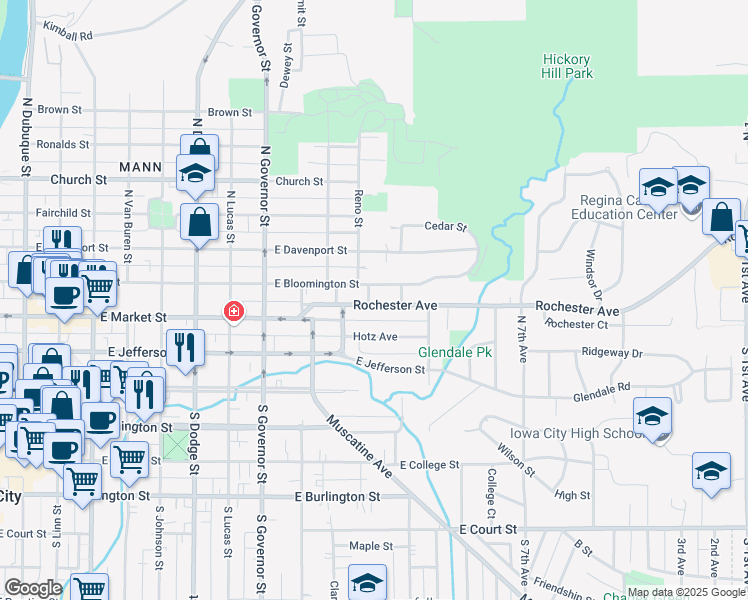 map of restaurants, bars, coffee shops, grocery stores, and more near 1204 Rochester Avenue in Iowa City