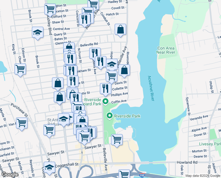 map of restaurants, bars, coffee shops, grocery stores, and more near 73 Collette Street in New Bedford