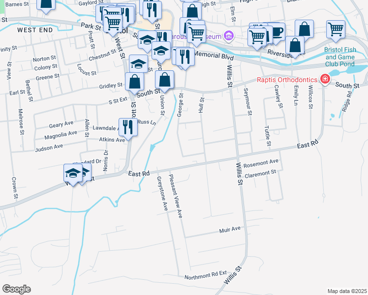 map of restaurants, bars, coffee shops, grocery stores, and more near 141 George Street in Bristol