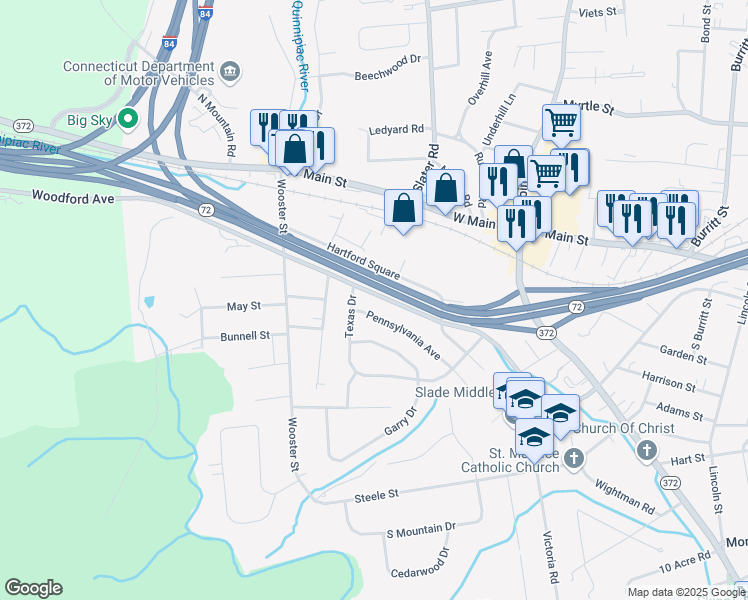 map of restaurants, bars, coffee shops, grocery stores, and more near 500 Black Rock Ave in New Britain