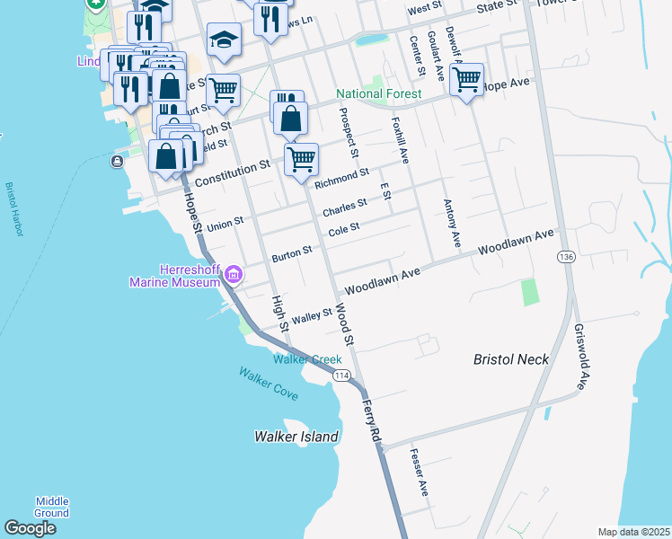 map of restaurants, bars, coffee shops, grocery stores, and more near 124 Wood Street in Bristol