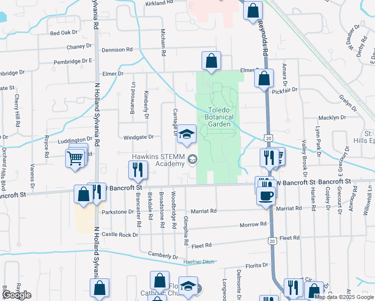 map of restaurants, bars, coffee shops, grocery stores, and more near 5550 West Bancroft Street in Toledo