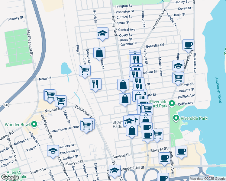 map of restaurants, bars, coffee shops, grocery stores, and more near 306 Earle Street in New Bedford