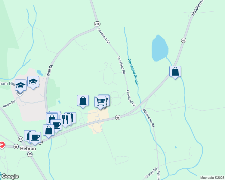map of restaurants, bars, coffee shops, grocery stores, and more near 16 Gilbert Lane in Hebron