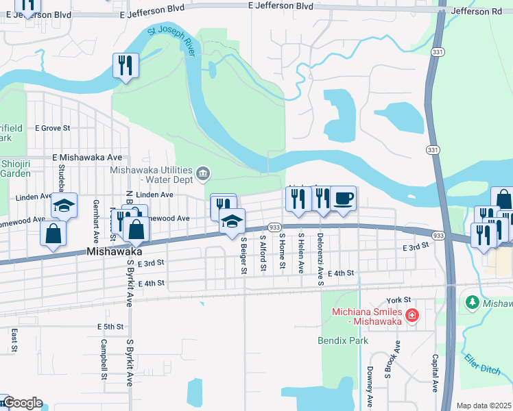 map of restaurants, bars, coffee shops, grocery stores, and more near 1722 Homewood Avenue in Mishawaka