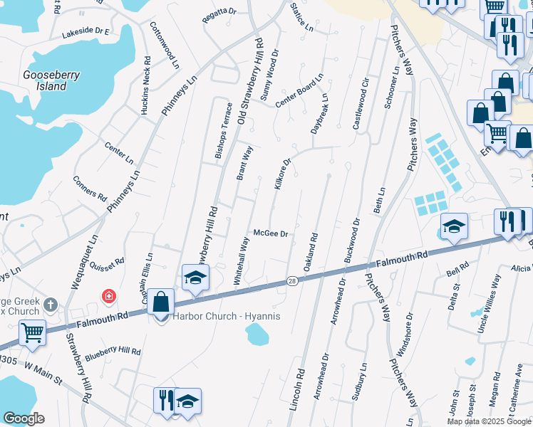 map of restaurants, bars, coffee shops, grocery stores, and more near 27 Kilkore Drive in Barnstable