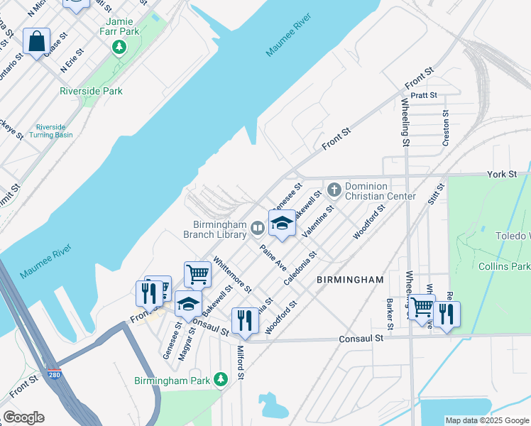 map of restaurants, bars, coffee shops, grocery stores, and more near 2245 Genesee St in Toledo