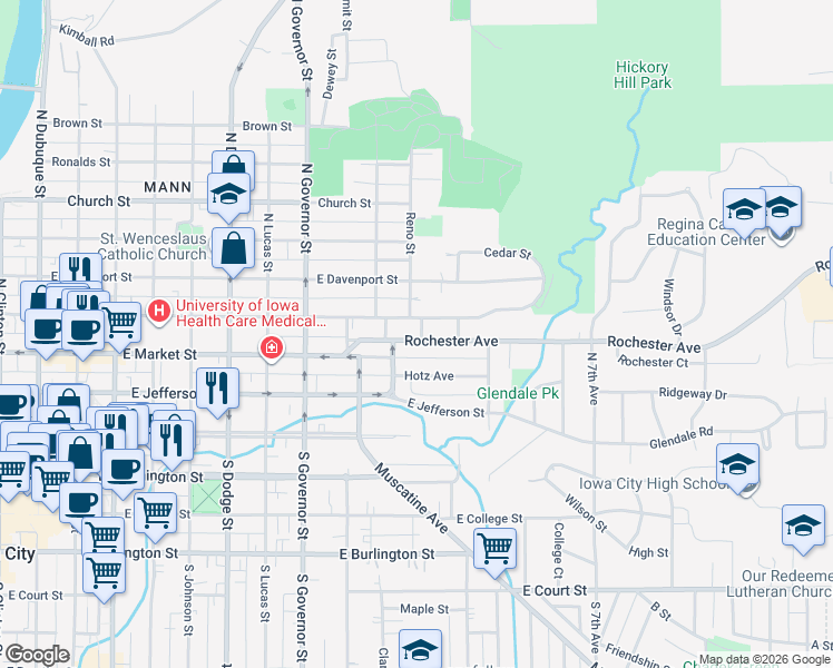 map of restaurants, bars, coffee shops, grocery stores, and more near 1204 Rochester Avenue in Iowa City