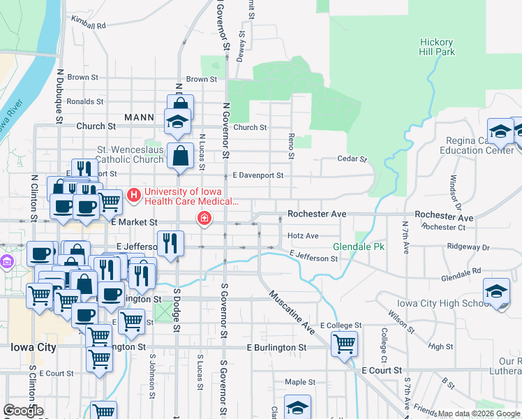 map of restaurants, bars, coffee shops, grocery stores, and more near 1002 Rochester Avenue in Iowa City