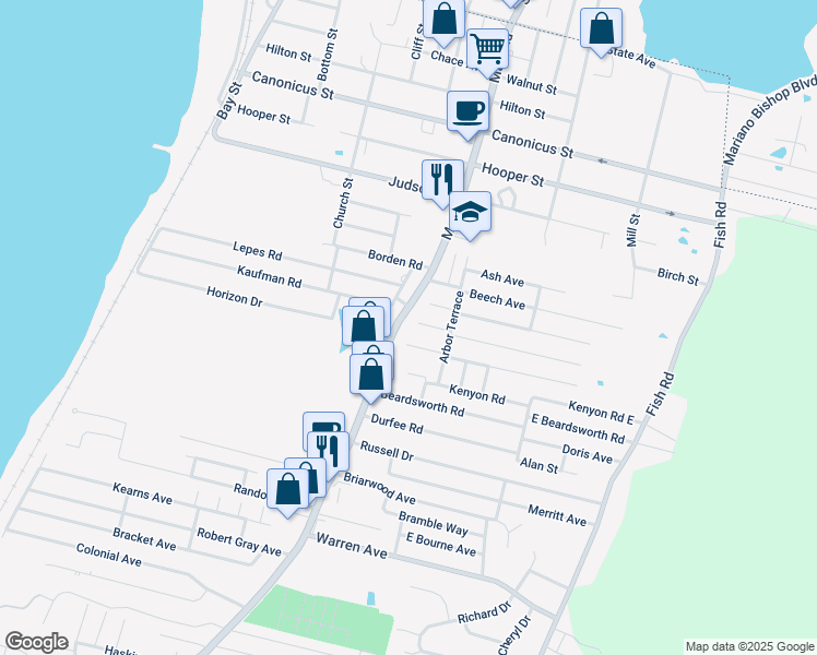 map of restaurants, bars, coffee shops, grocery stores, and more near 336 Main Road in Tiverton