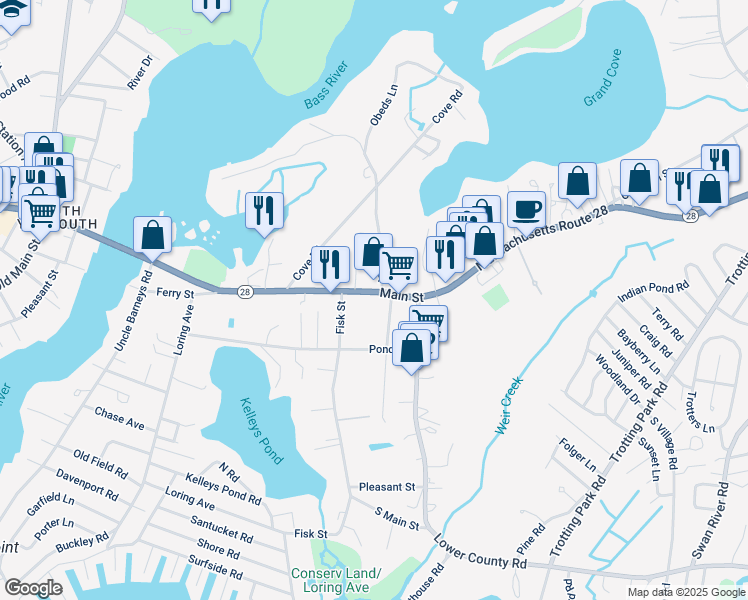 map of restaurants, bars, coffee shops, grocery stores, and more near 275 Main Street in Dennis