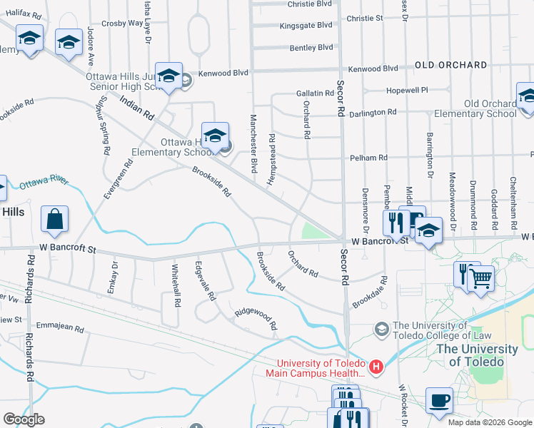 map of restaurants, bars, coffee shops, grocery stores, and more near 3440 Chestnut Hill Road in Toledo