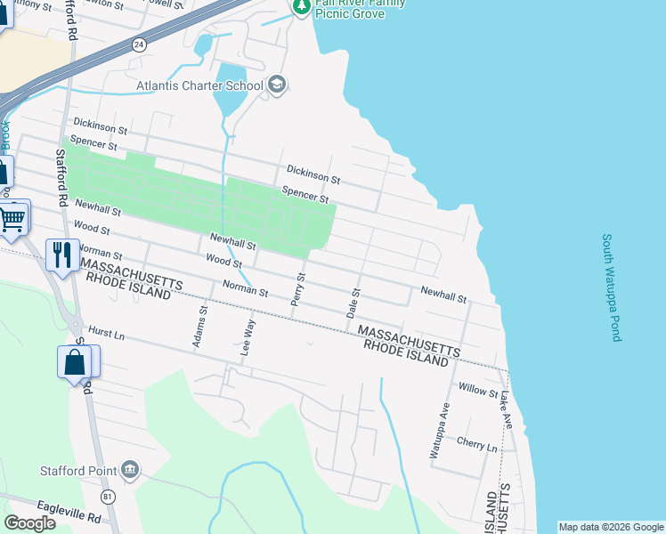 map of restaurants, bars, coffee shops, grocery stores, and more near 759 Newhall Street in Fall River