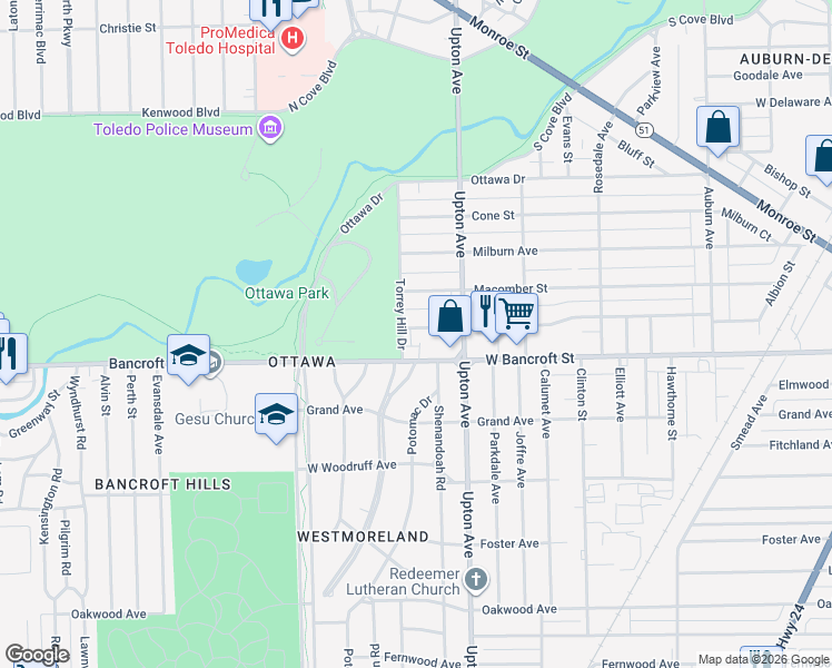 map of restaurants, bars, coffee shops, grocery stores, and more near 1947 Freeman Street in Toledo
