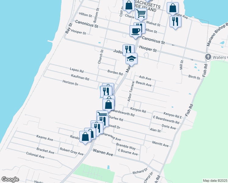 map of restaurants, bars, coffee shops, grocery stores, and more near 349 Main Road in Tiverton