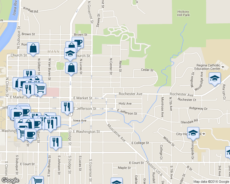 map of restaurants, bars, coffee shops, grocery stores, and more near 1116 Rochester Avenue in Iowa City