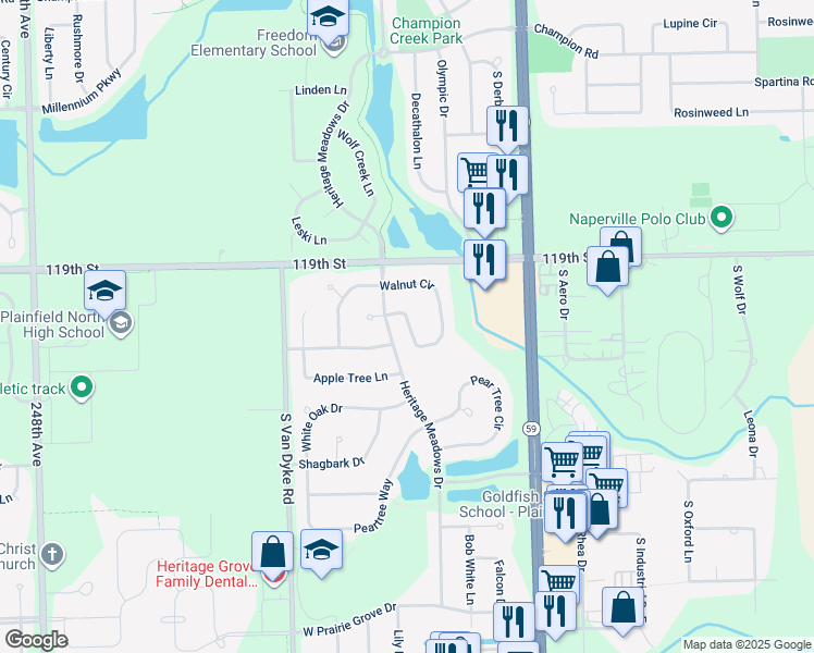 map of restaurants, bars, coffee shops, grocery stores, and more near 24024 Walnut Circle in Plainfield