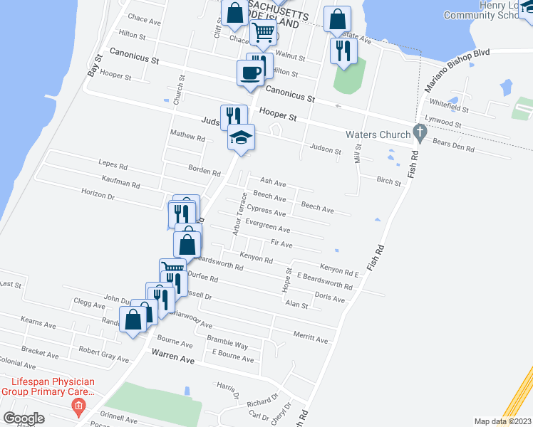 map of restaurants, bars, coffee shops, grocery stores, and more near 39 Cypress Avenue in Tiverton