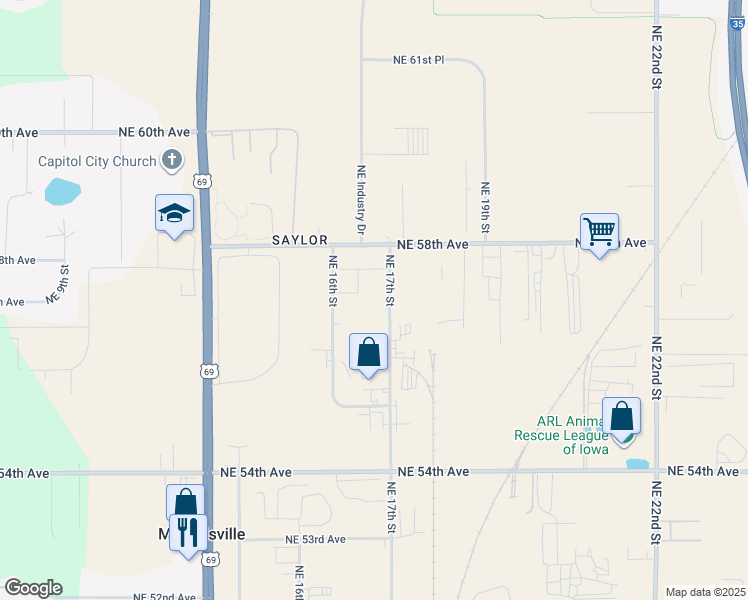 map of restaurants, bars, coffee shops, grocery stores, and more near 5685 Northeast 16th Street in Des Moines