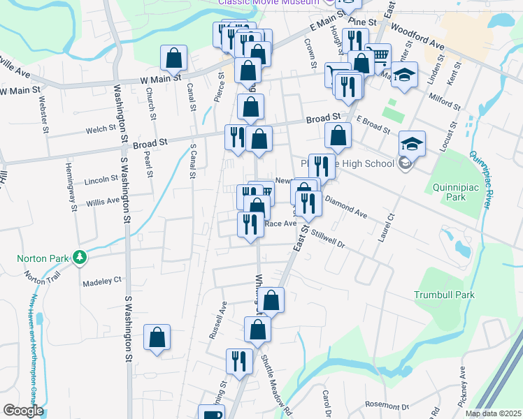 map of restaurants, bars, coffee shops, grocery stores, and more near 134 Whiting Street in Plainville
