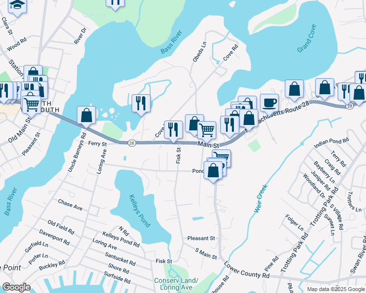 map of restaurants, bars, coffee shops, grocery stores, and more near 253 Main Street in Dennis