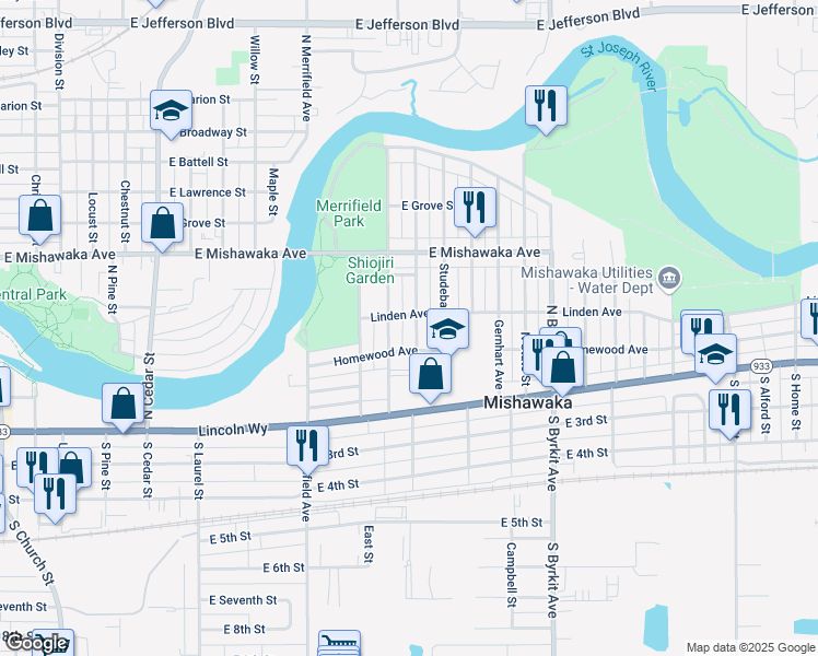 map of restaurants, bars, coffee shops, grocery stores, and more near 321 North Wenger Avenue in Mishawaka