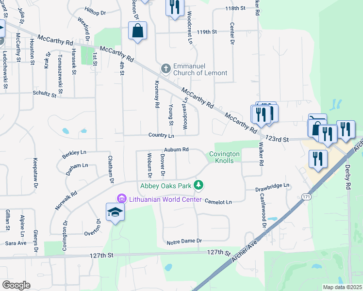 map of restaurants, bars, coffee shops, grocery stores, and more near 1211 Auburn Road in Lemont