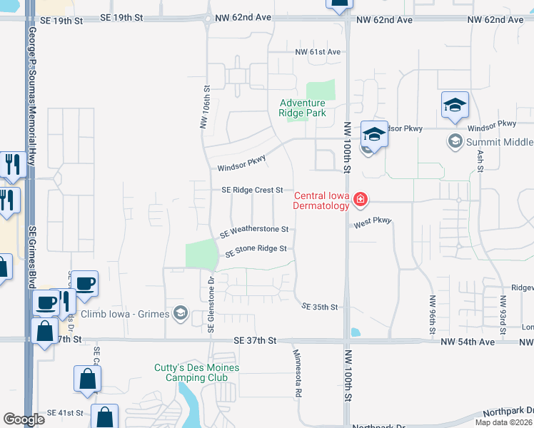 map of restaurants, bars, coffee shops, grocery stores, and more near 3000 Southeast Diamond Drive in Grimes
