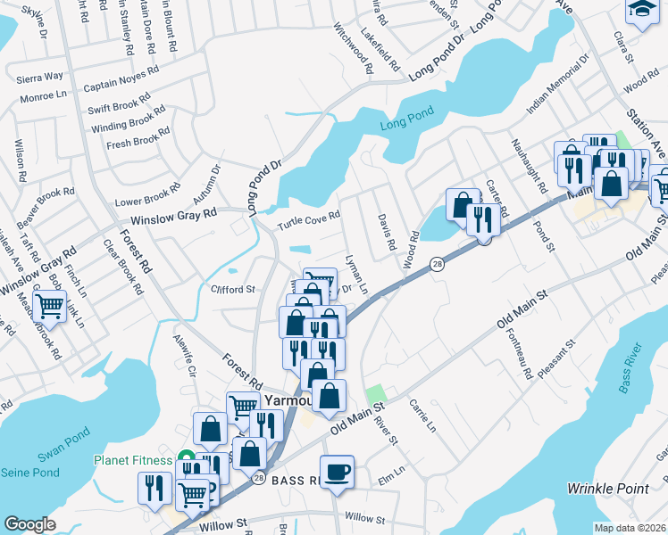 map of restaurants, bars, coffee shops, grocery stores, and more near 10 Ivy Lane in Yarmouth