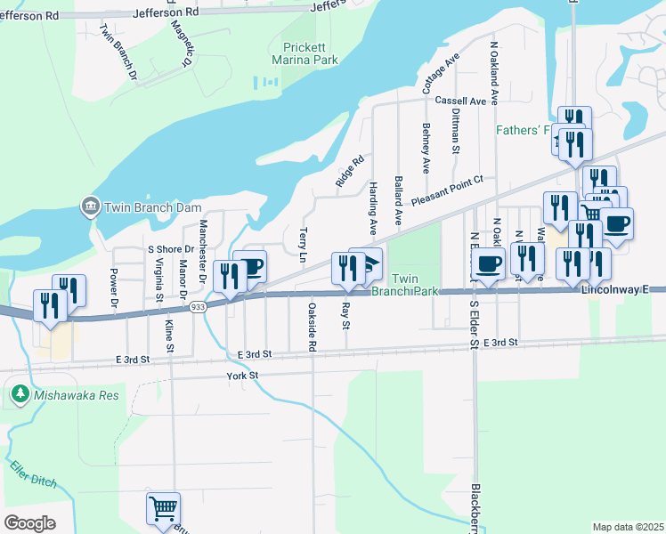 map of restaurants, bars, coffee shops, grocery stores, and more near 3727 Vistula Road in Mishawaka