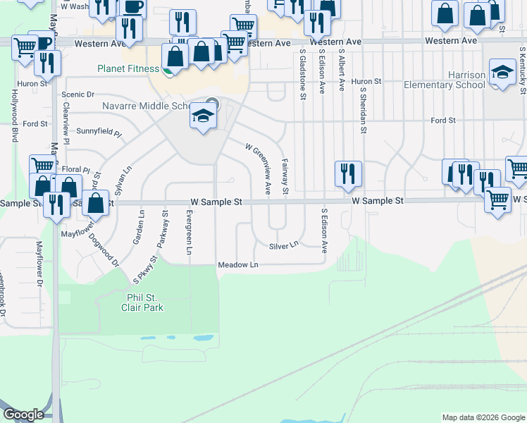 map of restaurants, bars, coffee shops, grocery stores, and more near 912 Birchwood Avenue in South Bend