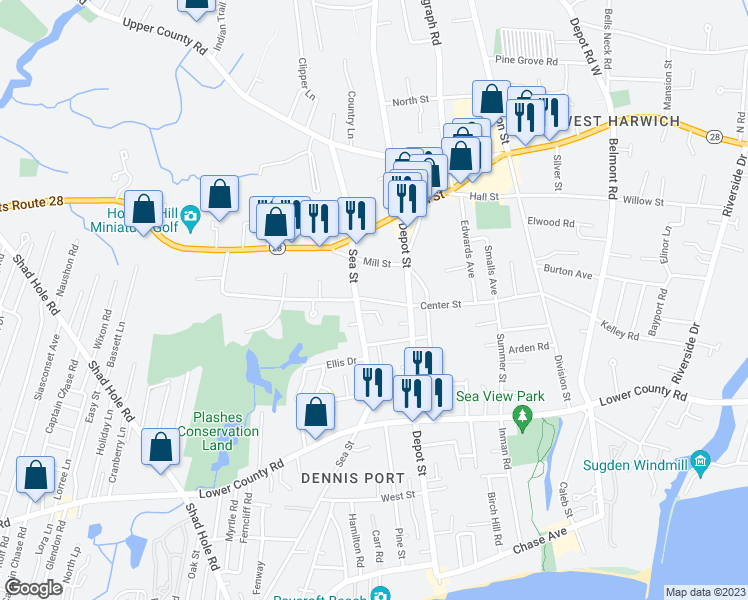 map of restaurants, bars, coffee shops, grocery stores, and more near 110 Center Street in Dennis