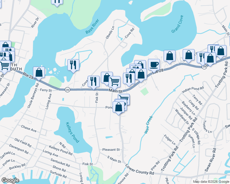 map of restaurants, bars, coffee shops, grocery stores, and more near 315 Main Street in Dennis