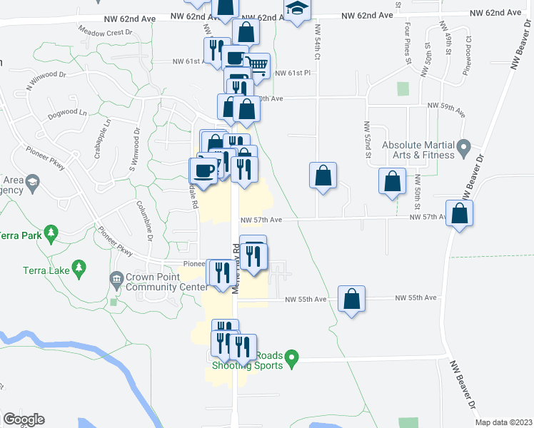 map of restaurants, bars, coffee shops, grocery stores, and more near 5685 Northwest 57th Avenue in Johnston