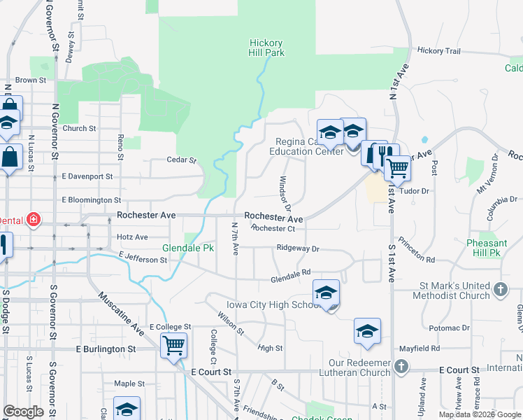 map of restaurants, bars, coffee shops, grocery stores, and more near 1800 Rochester Avenue in Iowa City