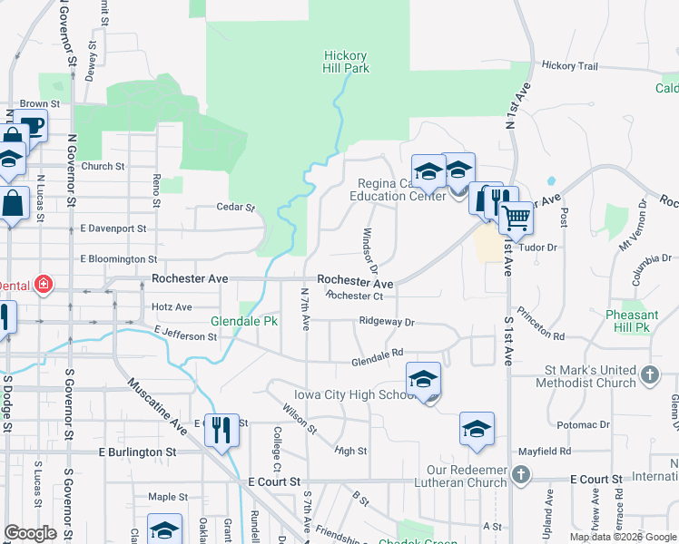 map of restaurants, bars, coffee shops, grocery stores, and more near 1800 Rochester Avenue in Iowa City