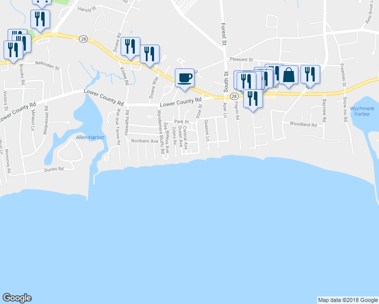 map of restaurants, bars, coffee shops, grocery stores, and more near 8 Atlantic Street in Harwich