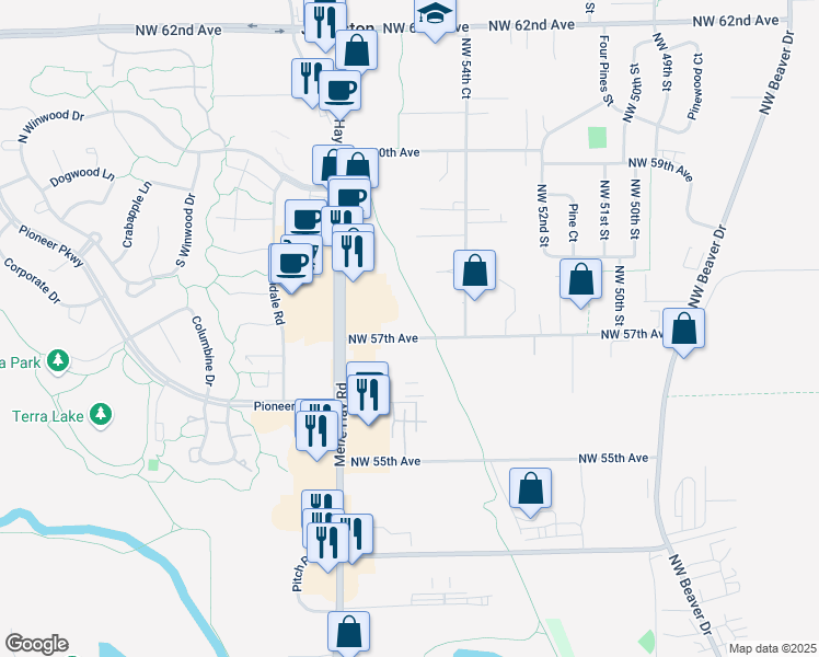 map of restaurants, bars, coffee shops, grocery stores, and more near 5563 Northwest 57th Avenue in Johnston