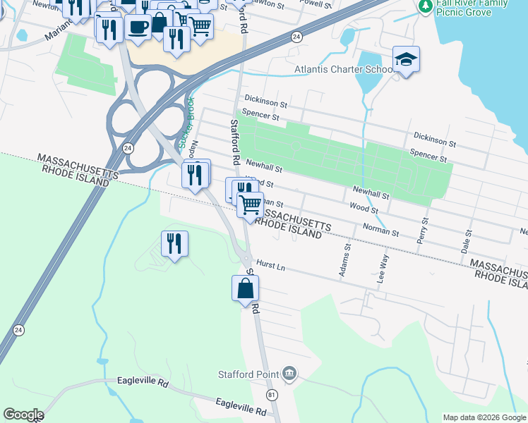 map of restaurants, bars, coffee shops, grocery stores, and more near 54 Hancock St in Fall River