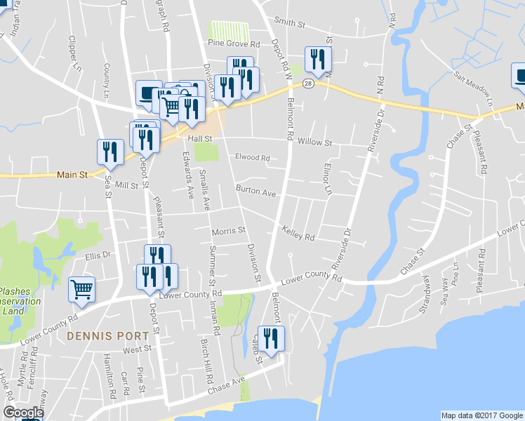 map of restaurants, bars, coffee shops, grocery stores, and more near 13 Kelley Road in Harwich